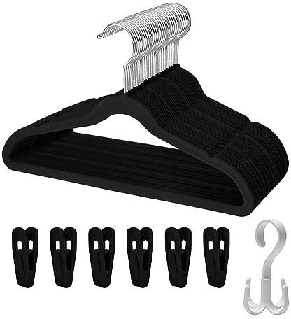 Tinfol Schwarz Kinder Samt Kleiderbügel 30 Pack, rutschfeste Babybügel mit 6 Samtbügelclips, platzsparende ultradünne Kleiderbügel für Kinderkleidung, Neugeborenen-Kleidung, Kleinkinder-Kleidung