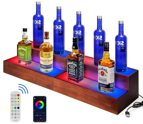 B4Life LED Lighted Liquor Bottle Display Shelf,2 Tier Real Wood Illuminated Bar Liquor Shelves Bottle Display with Remote App Control(2 Pack)