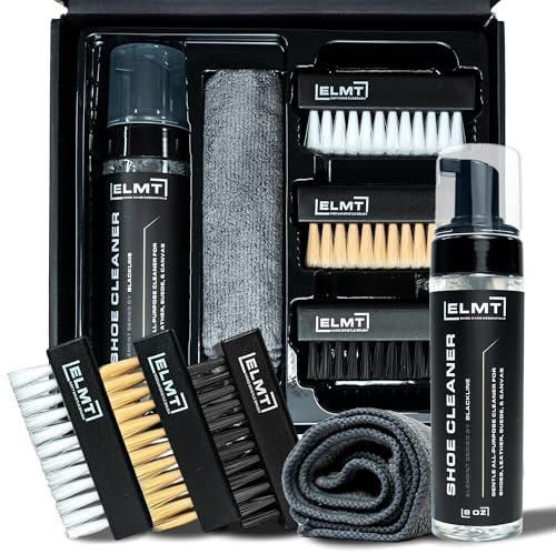 Blackline ELMT Shoe Cleaner Kit — Ideal Sneaker, Canvas, Mesh, Nubuck, Sheepskin, Leather, Suede Shoe Cleaner — US-Made, Safe, 10X Potent Shoe Cleaning Kit (8 oz Solution, 3 Brushes, Microfiber Towel)