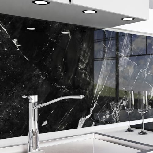 danario Küchenrückwand selbstklebend - Glasoptik - Spritzschutz Küche - versteifte PET Folie - Marmor schwarz - 60cm x 280cm