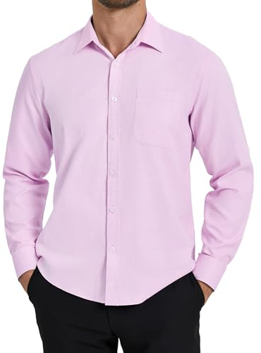HISDERN Camisa Rosa Hombre Manga Larga Slim Fit Antiarrugas Estilo Formal Camisas para Boda Navidad Trabajo Oficina M