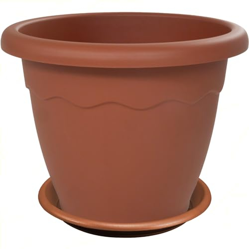 Sicignano | Vaso Rotondo per Fiori Piante + Sottovaso, Plastica Color Terracotta, con Fori di Drenaggio, Resistente agli UV - Esterno Giardino Balcone Terrazzo, Made in Italy (1, Ø30x23h cm)
