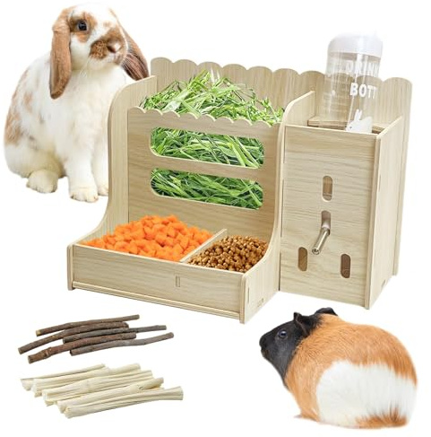 Hamiledyi Rabbit Hay Feeder Guinea Pig Food Holder Bunny Wooden Food Bin Feeder with Water Bottle Small Animals Hay Manger Wood Food Bowls for Guinea Pigs Rabbits Chinchillas Bunnies