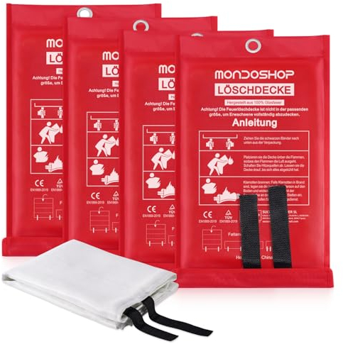 Mondoshop Lot de 4 couvertures anti-feu DIN EN 1869:2019-100 x 100 cm - Pour camping-car, maison, avec poignées en coton ignifuge, pour camping, cuisine, barbecue, cheminée, bureau
