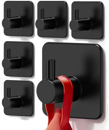 Auxmir 6 Piezas Ganchos Adhesivos para Pared, Acero Inoxidable, Colgador Toallas sin Taladro, Autoadhesivo Extrafuerte, Colgador Adhesivo para Baño Cocina Albornoz Trapos, Negro