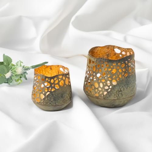 Findeno Teelichthalter in Antikem Grün Marokkanischer Stil - Elegante Handgefertigte Dekoration für Festliche Anlässe und Alltag (9x11x10 & 12x14x15)