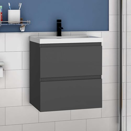 Acezanble 500mm Bathroom Vanity Unit With Wash Basin Ceramic Sink, 2 Drawers, High Gloss Grey, Wall Hung Cabinets, Cloakroom Storage Furniture Under Basin Cabinet