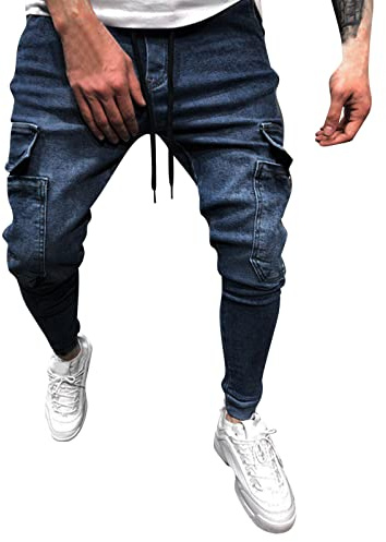 Gefomuofe - Pantalones vaqueros elásticos para hombre con bolsillos laterales, jeans de trabajo para hombre, look desgastado, jeans para motociclismo y equitación, pantalones de protección de denim