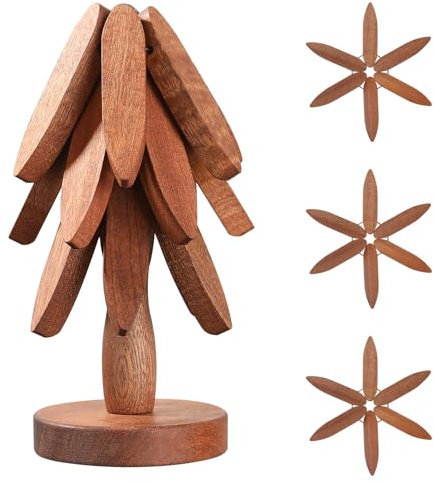 Markcco Trägrytunderlägg för varma rätter, trädformade grytunderlägg, 3 trägrytunderlägg + 1 stativ lagrad som en julgran, Sapele trägrytor för heta krukor, stekpannor, skål, tekanna