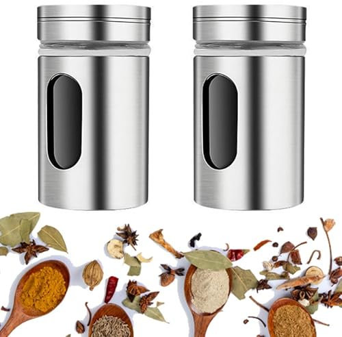 2Pcs Salt and Pepper Seasoning Shaker, Spice Shakers, Stainless Steel Spice Shaker Camping, Coarse Salt Shaker with Adjustable Pour Holes, for Salt, Black Pepper, Toothpick, White Pepper, Sugar
