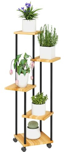 Outsunny Support à plantes à 5 niveaux pour intérieur et extérieur, étagère plante avec 4 roues, porte plantes en acier et bois pour jardin, terrasse, balcon, salon, bois naturel