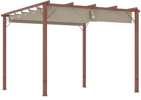 Outsunny Pergola ca. 3x3m Garten Pavillon mit Magnetbefestigung, Terrassendachung aus Aluminium, Gartenpavillon mit verstellbares Dach, Freistehend, UV Schutz 30+, für Terrasse und Garten, Naturholz