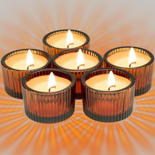 Roellgs Small Amber Votive Candle Holders Set of 12, 2.2'' x 1.4'' Glass Brown Mini Votive Holder Home Decoration, Clear Tealight Candles Holder for Table Centerpieces and Wedding Decor (Amber)