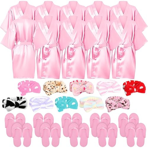 YFNVH 30 piezas de suministros de fiesta de spa para niñas incluyen 10 batas tipo kimono de satén de seda, 10 diademas suaves de spa, 10 pantuflas de espuma rosa para niños, niñas, suministros de