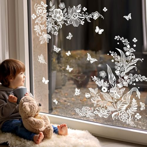 Supzone Fensteraufkleber Weiße Blumen Schmetterlinge Fensterbilder Frühling Sommer Fenster Abziehbilder Sommer Frühling Anti-Kollision Fensterfolie Glastüren Fensterdeko Aufkleber