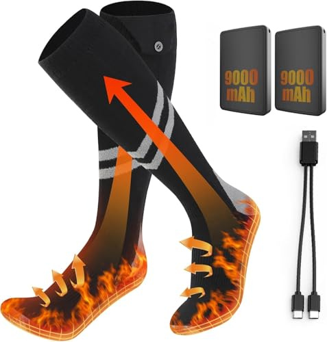 Calcetines Calefactables Recargables, 2 × 9000 mAh/5 V Calcetines Calefactables Mujeres y Hombres, Máximo Uso18 h, Calcetines Termicos Ajustables 3 Niveles 45℃/58℃/70℃ para Exteriores