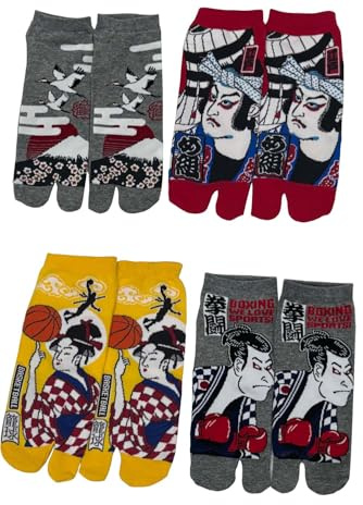 FANCYPUMPKIN 4 pares de calcetines de algodón estilo japonés con puntera abierta, estilo kimono, sandalia, tabi, ninja, geta, calcetín de geisha para hombre, A-07