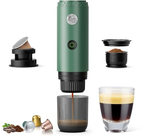 Portable Electric Espresso Machine, Travel Coffee Maker for Camping, Car Coffee Maker Self-Heating with USB-C, 20 Bar Coffee Maker With Ground Coffee & NS Capsule for RV, Hiking, Office(Green)