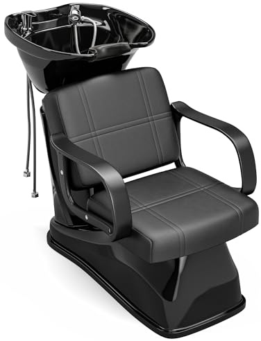 Icoget Chaise professionnelle pour shampoing avec bassin réglable en hauteur | Lave-tête pour salons de coiffure et barbiers | Chaise ergonomique avec cuir PU | Bassin inclinable en plastique PP