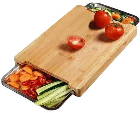 Planche à découper avec plateau, planche à découper en bambou naturel avec plateau coulissant antiadhésif, outils de cuisine pratiques pour couper, hacher et sculpter le bambou