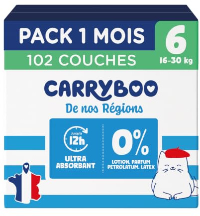 CARRYBOO - Couches Taille 6 (16-30kg) - Saines et Ultra Absorbantes - 12h Anti Fuites - Sans substances indésirables - Fabriquées en France - Prix Accessible - 102 Couches Jetables - Pack 1 Mois