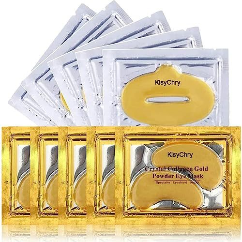 KlsyChry 24K Gold Gel Crystal Collagen Lip and Eye Mask Set, 5 Pairs Gold Eye Mask Pads and 5 Pcs Gold Lip Patches for Moisturizing, Anti Wrinkle, Anti Aging, Hydrating Lips and Eyes