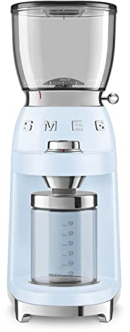 Smeg CGF01PBUK Coffee Grinder, Aluminium Construction, 50's Retro Style, 8 Programme Settings and 3 Grinding Grades, Pastel Blue