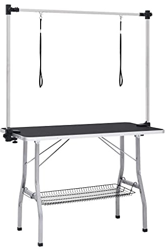 vidaXL Adjustable Dog Grooming Table Puppy Pet Cat Grooming Table Non Slip Tabletop Foldable Pet Bath Grooming Desk with 2 Loops and Basket