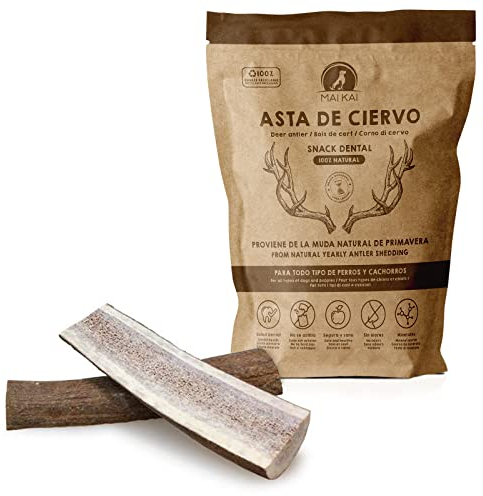 MAIKAI Confezione da 2 Corna di Cervo per Cani Tagliati a Metà Taglia L – 100% Naturali, Resistenti e Sicuri – Masticativo Lungo per Igiene Dentale – Giocattolo Naturale Cane