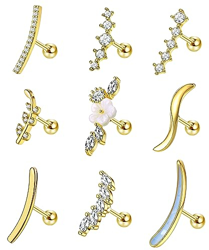 Adramata 9 Stück Piercing Helix 16G Chirurgenstahl Knorpelohrringe Ohrstecker Schlangenblume Opal CZ Tragus Ohrringe für Frauen Conch Knorpel Ohrpiercing Gold Silber Helix Piercing Ohr Schmuck,G