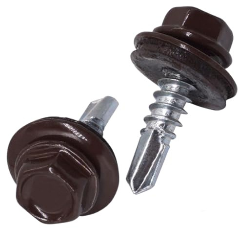 SKIR'CO (50 st) Takskruvar, sexkantshuvud, 4,8 x 19 mm målade självborrande skruvar med EPDM-brickor (chokladbrun RAL 8017)