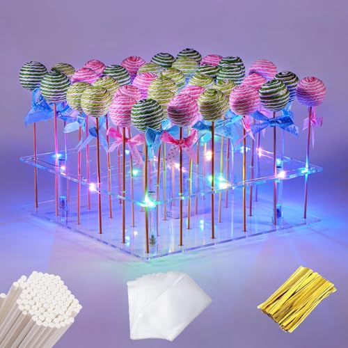 ANMEISH Acrylic Cake Pop Display Stand, Clear Lollipop Holder with Colorful LED String Lights, Cake Pop Sticks and Bags Twist Ties, Cake Pop Kit for Weddings Baby Showers Birthday Party Anniversaries