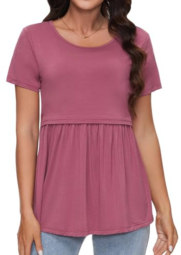 Sosolism Maglietta da Allattamento Carina Estate Maniche Corte T-Shirt per Poppata Top Fluttuante per Donne Post-Parto Rosso Opaco, X-Large