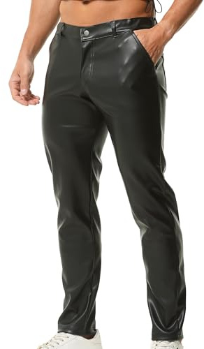 QiaTi Pantaloni da uomo in similpelle casual, elasticizzati, in pelle PU, colore nero, dritto, slim fit, per moto, notte, club, pantaloni lunghi, Nero , XXL