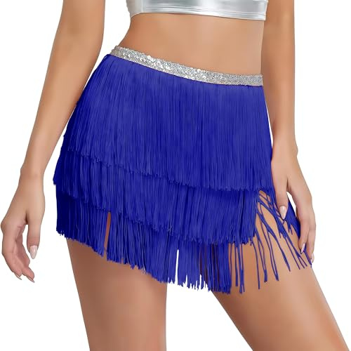 Costume da danza del ventre, gonna latina danza, paillettes, nappa, frange, abiti da donna, Blu scuro, Taglia unica