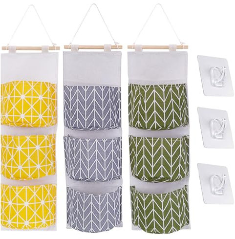 3 Pcs Wall Closet Hanging Storage Bag with 3 Pockets, Waterproof Over The Door Linen Fabric Organizer, Wall-mounted Wardrobe Storage Bag Organizer, Hanging Storage Pouches for Bedroom, Bathroom