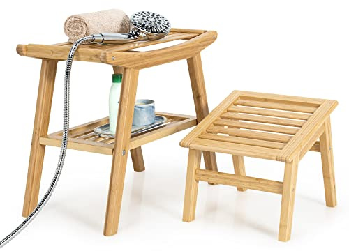 COSTWAY Duschbänk med fotpall, duschpall av bambu med förvaringsfack, badpall kan belastas upp till 150 kg, badstöd, toalettpall för gravida och gamla