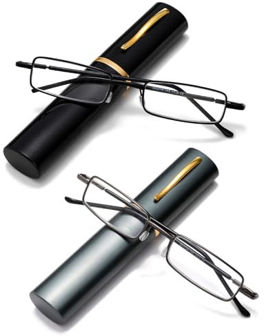 Viseng 2Pack Mini Metal Reading Glasses Narrow Ultralight Anti Blue Light Reading Glasses with Metal Case Pen Case for Women Men 2.5