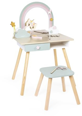 Janod Tavolino da Toilette per Bambina, Tema Unicorno, Gioco d'imitazione, Tavolino da Toilette con Specchio e Sgabello Giocattolo, 10 Accessori, Dimensioni 56,6 x 42,5 x 86,25 cm, da 3 Anni
