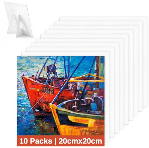 Koncci Canvas for Painting with Paper Holder, 10 Packs 20 x 20 cm(8 x 8), Blank Canvas Panels for Acrylic, Oil, Watercolor & Wet Water Art Media, Canvases for Kids, Hobby Painters & Beginners