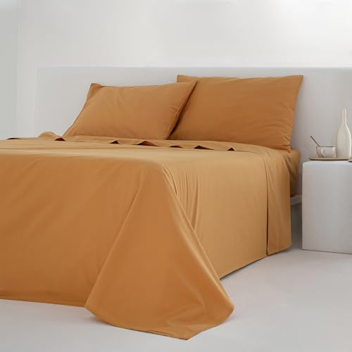 COTTON ARTean Juego de sábanas Cama 150x190 / 200 Percal Algodón 200 Hilos Noa Ocre 4 Piezas