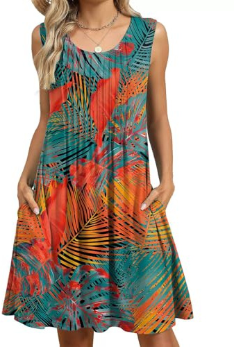 PICKLION Robe Ete Femme Mi Longue Robes Plage Boheme Robe Chic Floral sans Manche Robes avec Poches S-2XL