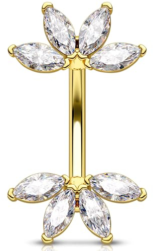 OUFER 14G Or Piercing Nombril Acier Chirurgical 316L Fleur Piercing de Ventre Transparent Marquise CZ Anneau Nombril Belly Button Bar pour Femme 10 mm