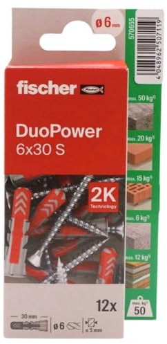 fischer - Duopower 6x30 Con Tornillo - 12U, Tacos para pared multimaterial, sirven para Colgar Bicicletas, Cuadros, Armarios, Soportes de Televisión, Estanterías, Muebles.