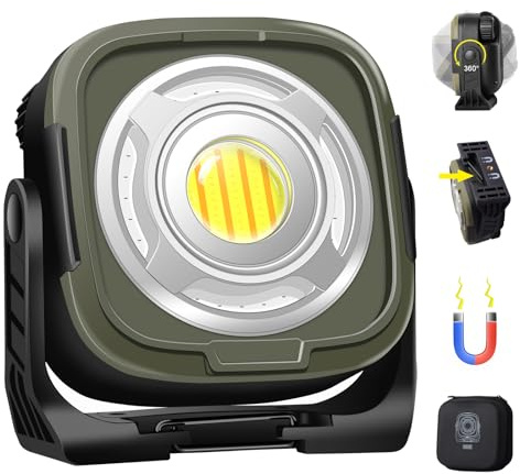 MASMEJOR LED Arbeitsleuchte Akku mit Magnetfuß 10000mAh, 1500LM Akku Strahler, Tragbare Campinglampe mit Stufenloser Dimmer & 360° Drehung, IPX4 Wasserdicht für Auto Reparatur, Werkstatt, Camping