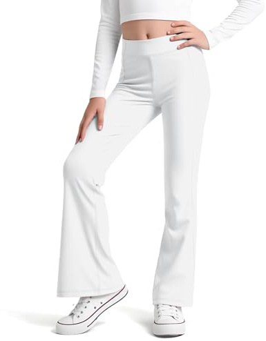Domueay Leggings évasés pour Fille, Stretch Léger Taille Haute Sport Pantalons Longueur, Toucher Brossée Legging pour Gymnastique Activités Fitness Danse Enfants Vêtements 13-14 Ans, Blanc