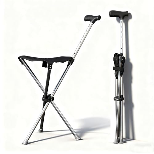 FORTSPANG Bastón plegable con función de asiento, altura de 80 – 90 cm, capacidad de carga de 150 kg, base de silicona antideslizante, para personas mayores de 140 – 190 cm, ideal para exteriores