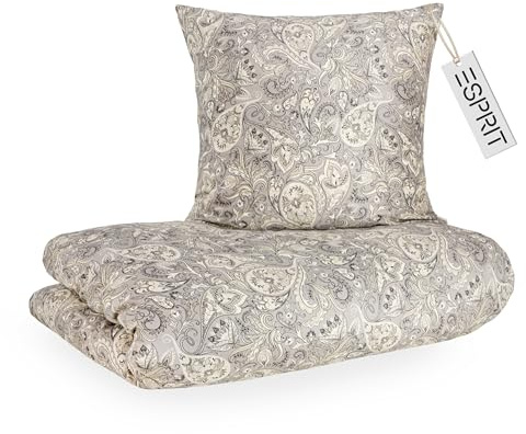 Esprit Home - Set biancheria da letto in satin, 155 x 220 cm, in cotone grigio - Motivo Boho Paisley, copripiumino + federa 80 x 80 cm - Set biancheria da letto di lusso in stile hotel, 2 pezzi, con