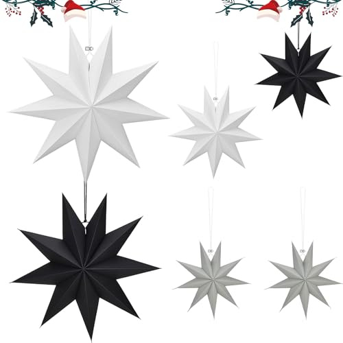 Vaskula 6 Pièces Étoile Papier à Suspendre 3D Plafond Ornement Étoile de Noël pour Fenêtre et Sapin, Noir, Gris, Blanc, 25 cm, 30 cm, 45 cm