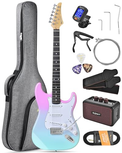 Leo Jaymz Beginner Electric Guitar Complete Kit with Portable Amp, Padded Gig Bag & Full Accessories, Maple Neck SSS Pickups(Pink-Cyan Fade)